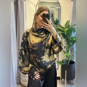 N BY NANCY Gold & Black Abstract Foil Satin Drape Neck Classy Blouse Size XL NWT